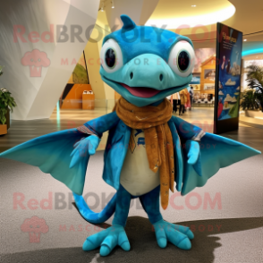 Turquoise Dimorphodon mascot costume character dressed with a Parka and Bow ties