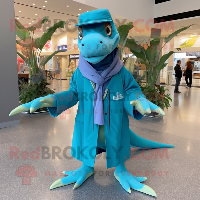 Turquoise Dimorphodon mascot costume character dressed with a Parka and Bow ties