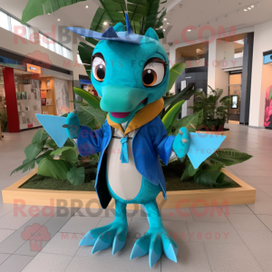 Turquoise Dimorphodon mascot costume character dressed with a Parka and Bow ties