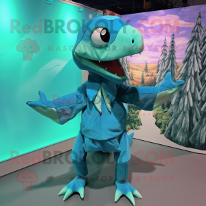 Turquoise Dimorphodon mascot costume character dressed with a Parka and Bow ties