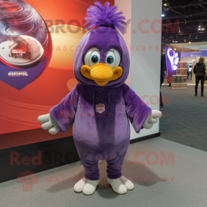 Purple Turkey mascot costume character dressed with a Hoodie and Hat pins