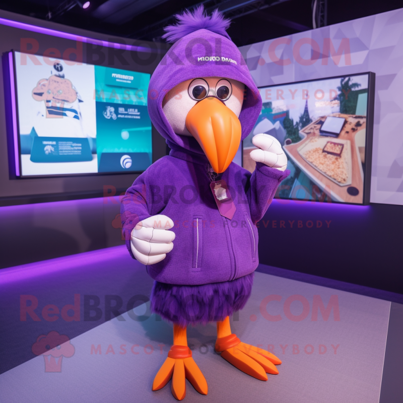 Purple Turkey mascot costume character dressed with a Hoodie and Hat pins