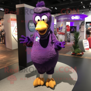 Purple Turkey mascot costume character dressed with a Hoodie and Hat pins