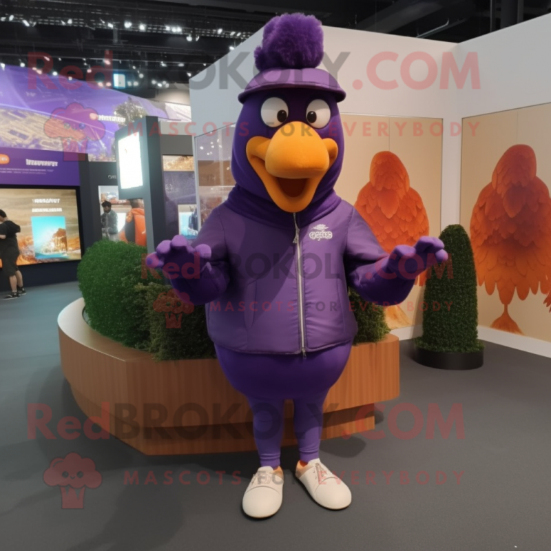 Purple Turkey mascot costume character dressed with a Hoodie and Hat pins