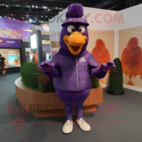 Purple Turkey mascot costume character dressed with a Hoodie and Hat pins