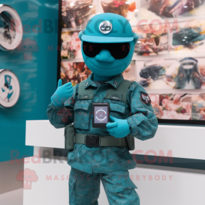 Teal Army Soldier mascot costume character dressed with a Shift Dress and Digital watches