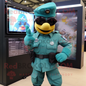 Teal Army Soldier mascot costume character dressed with a Shift Dress and Digital watches