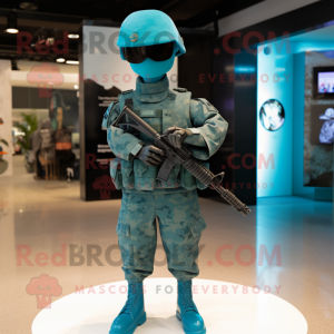 Teal Army Soldier mascot costume character dressed with a Shift Dress and Digital watches