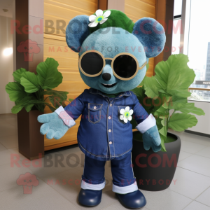 Blue Four Leaf Clover mascot costume character dressed with a Denim Shirt and Sunglasses