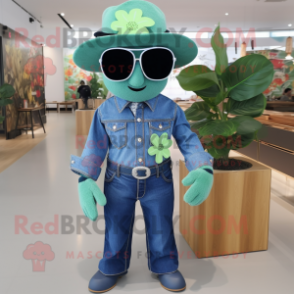 Blue Four Leaf Clover mascot costume character dressed with a Denim Shirt and Sunglasses