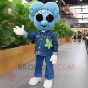 Blue Four Leaf Clover mascot costume character dressed with a Denim Shirt and Sunglasses