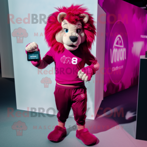 Magenta Lion mascot costume character dressed with a V-Neck Tee and Smartwatches