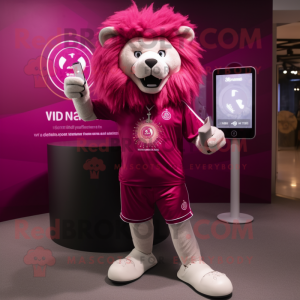 Magenta Lion mascot costume character dressed with a V-Neck Tee and Smartwatches