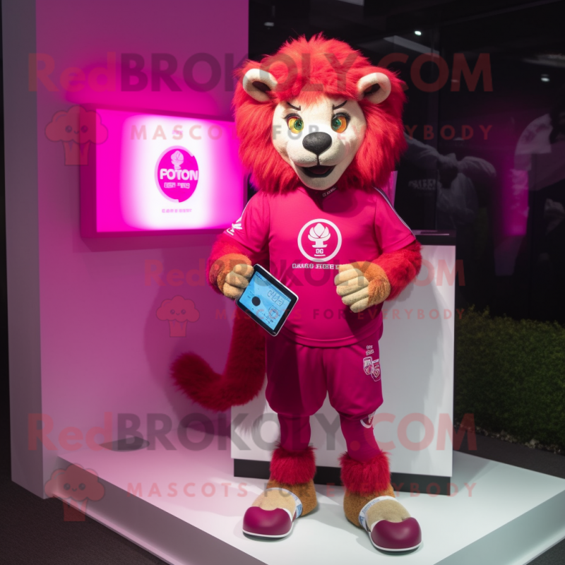 Magenta Lion mascot costume character dressed with a V-Neck Tee and Smartwatches