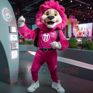 Magenta Lion mascot costume character dressed with a V-Neck Tee and Smartwatches