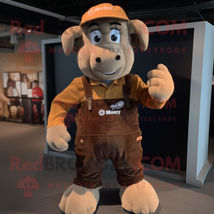 Rust Ram mascot costume character dressed with a Corduroy Pants and Caps