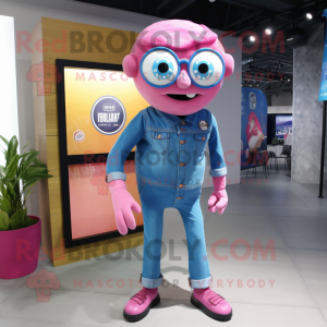 Pink Cyclops mascot costume character dressed with a Denim Shirt and Keychains
