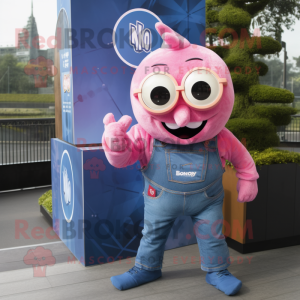 Pink Cyclops mascot costume character dressed with a Denim Shirt and Keychains