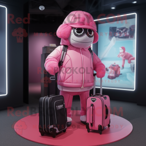 Pink Golf Bag mascot costume character dressed with a Bomber Jacket and Briefcases