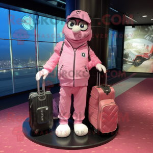 Pink Golf Bag mascot costume character dressed with a Bomber Jacket and Briefcases