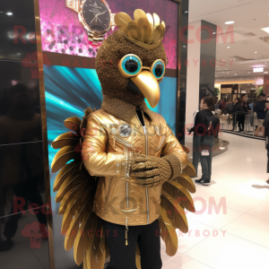 Gold Peacock mascot costume character dressed with a Leather Jacket and Bracelet watches