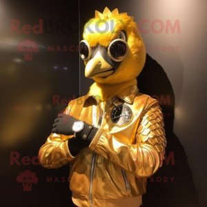 Gold Peacock mascot costume character dressed with a Leather Jacket and Bracelet watches