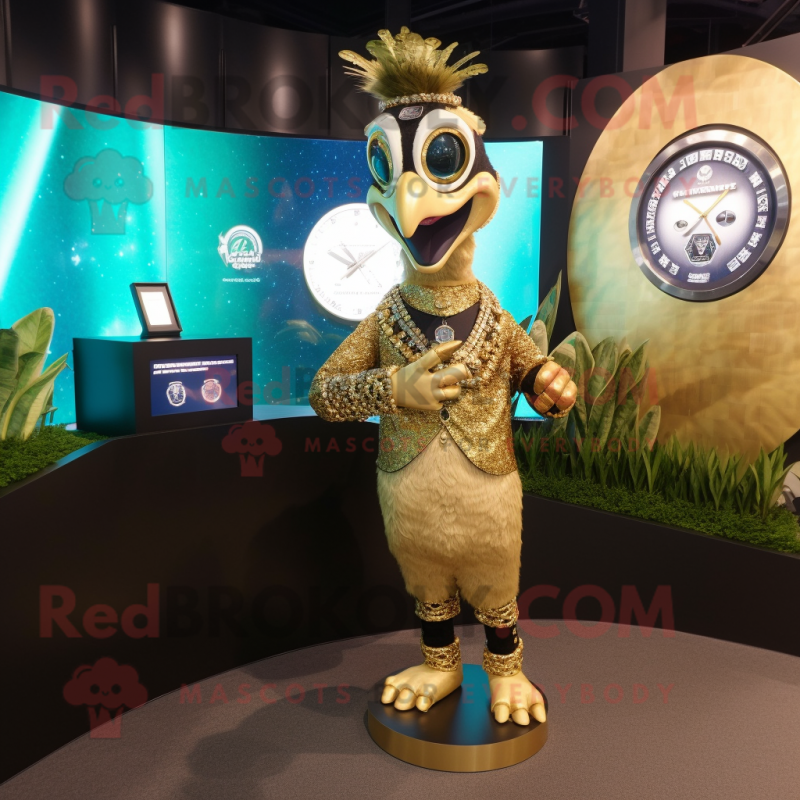 Gold Peacock mascot costume character dressed with a Leather Jacket and Bracelet watches