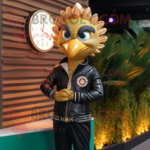 Gold Peacock mascot costume character dressed with a Leather Jacket and Bracelet watches