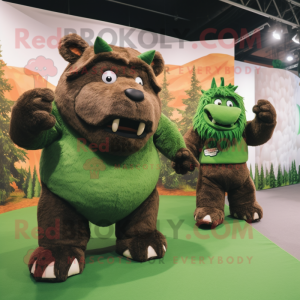Forest Green Woolly Rhinoceros mascot costume character dressed with a Tank Top and Mittens