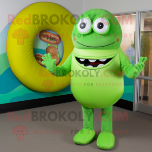 Lime Green Bagels mascot costume character dressed with a Turtleneck and Rings