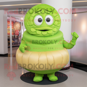 Lime Green Bagels mascot costume character dressed with a Turtleneck and Rings