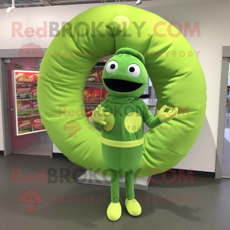 Lime Green Bagels mascot costume character dressed with a Turtleneck and Rings Lime Green Bagels mascot costume character dressed with a Turtleneck and Rings