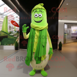Lime Green Asparagus mascot costume character dressed with a A-Line Skirt and Scarves