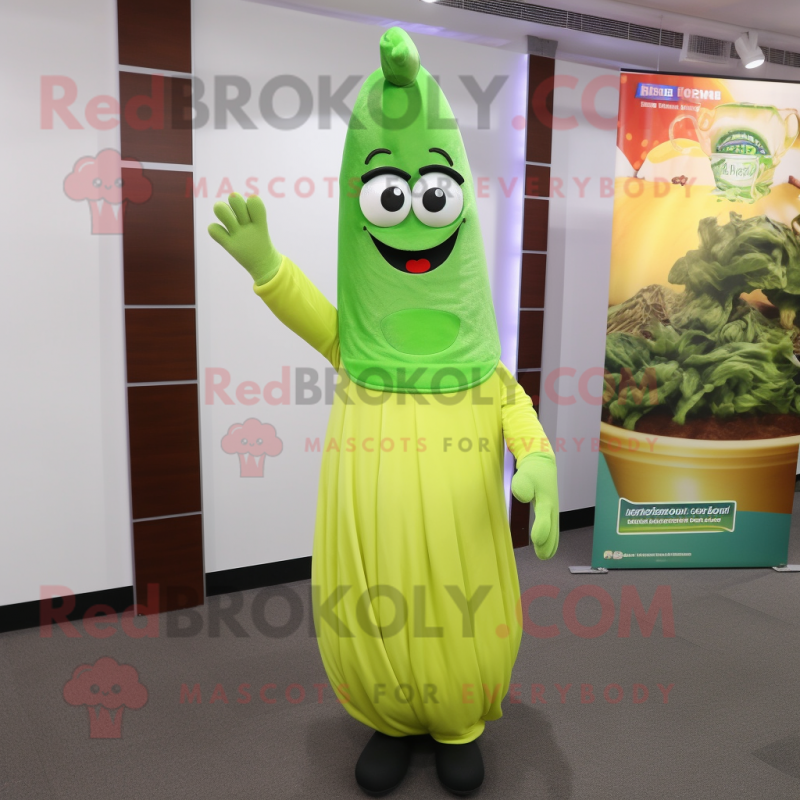 Lime Green Asparagus mascot costume character dressed with a A-Line Skirt and Scarves