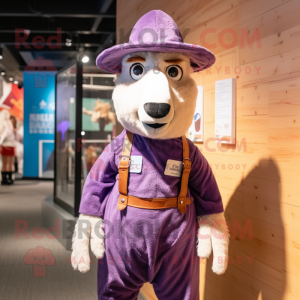 Purple Llama mascot costume character dressed with a Overalls and Hat pins