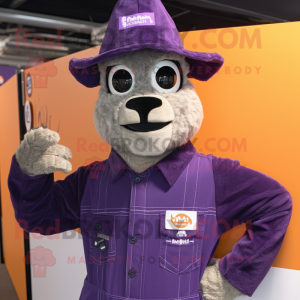 Purple Llama mascot costume character dressed with a Overalls and Hat pins