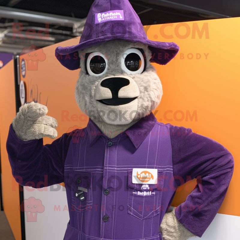 Purple Llama mascot costume character dressed with a Overalls and Hat pins Purple Llama mascot costume character dressed with a Overalls and Hat pins