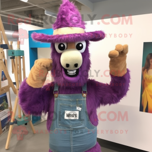 Purple Llama mascot costume character dressed with a Overalls and Hat pins