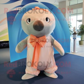 Peach Stellar'S Sea Cow mascot costume character dressed with a Capri Pants and Bow ties