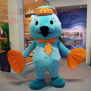 Peach Stellar'S Sea Cow mascot costume character dressed with a Capri Pants and Bow ties