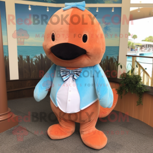 Peach Stellar'S Sea Cow mascot costume character dressed with a Capri Pants and Bow ties