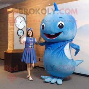 Blue Narwhal mascot costume character dressed with a Sheath Dress and Watches