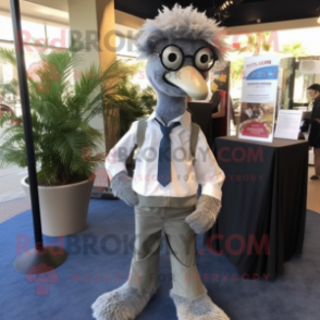 Gray Ostrich mascot costume character dressed with a Henley Shirt and Ties