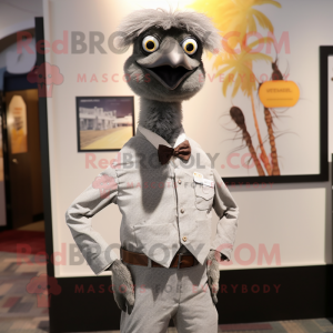 Gray Ostrich mascot costume character dressed with a Henley Shirt and Ties