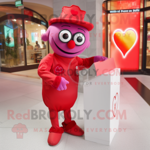 Red Love Letter mascot costume character dressed with a Mom Jeans and Lapel pins