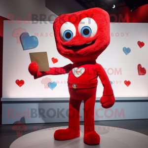 Red Love Letter mascot costume character dressed with a Mom Jeans and Lapel pins