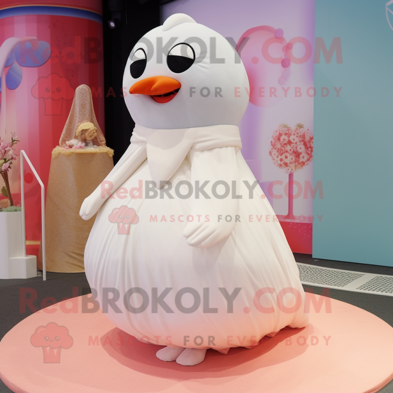 Peach Seal mascot costume character dressed with a Wedding Dress and Foot pads