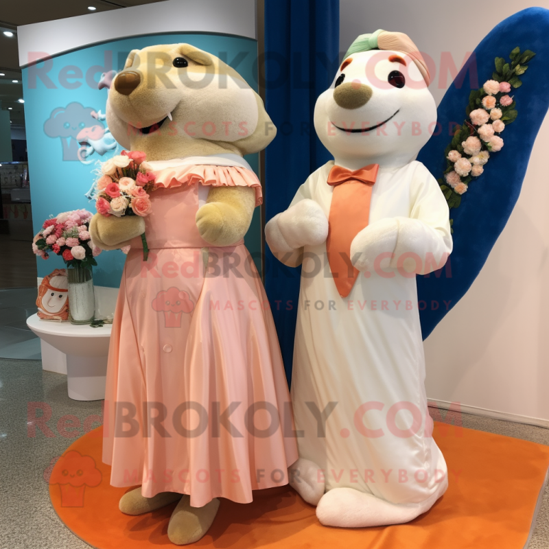 Peach Seal mascot costume character dressed with a Wedding Dress and Foot pads