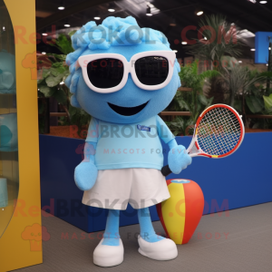 Sky Blue Tennis Racket mascot costume character dressed with a T-Shirt and Sunglasses