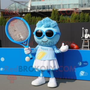Sky Blue Tennis Racket mascot costume character dressed with a T-Shirt and Sunglasses